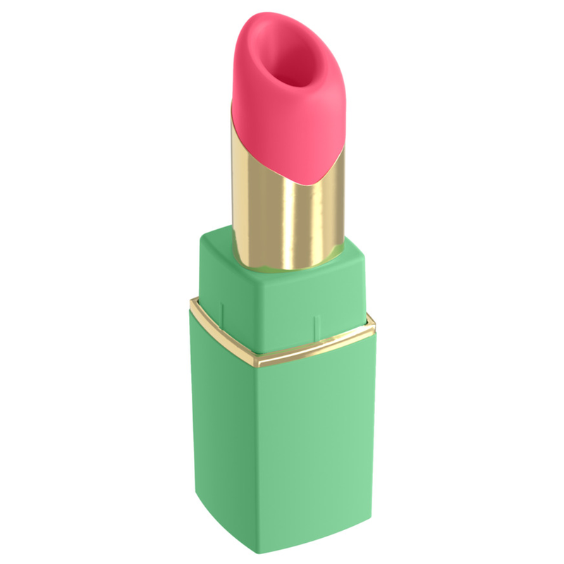 Womanizer Beauty vert et rose vu de trois quarts, embout rose et finition dorée visibles.
