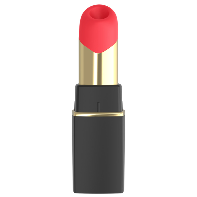 Womanizer Beauty noir et or vu de face, capuchon retiré et embout rouge visible.