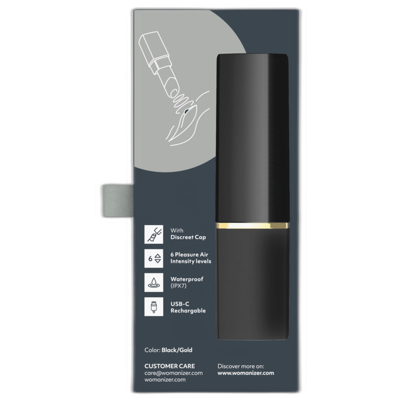 Dos de la boîte Womanizer Beauty noir et or, avec ses caractéristiques et conseils d’utilisation.