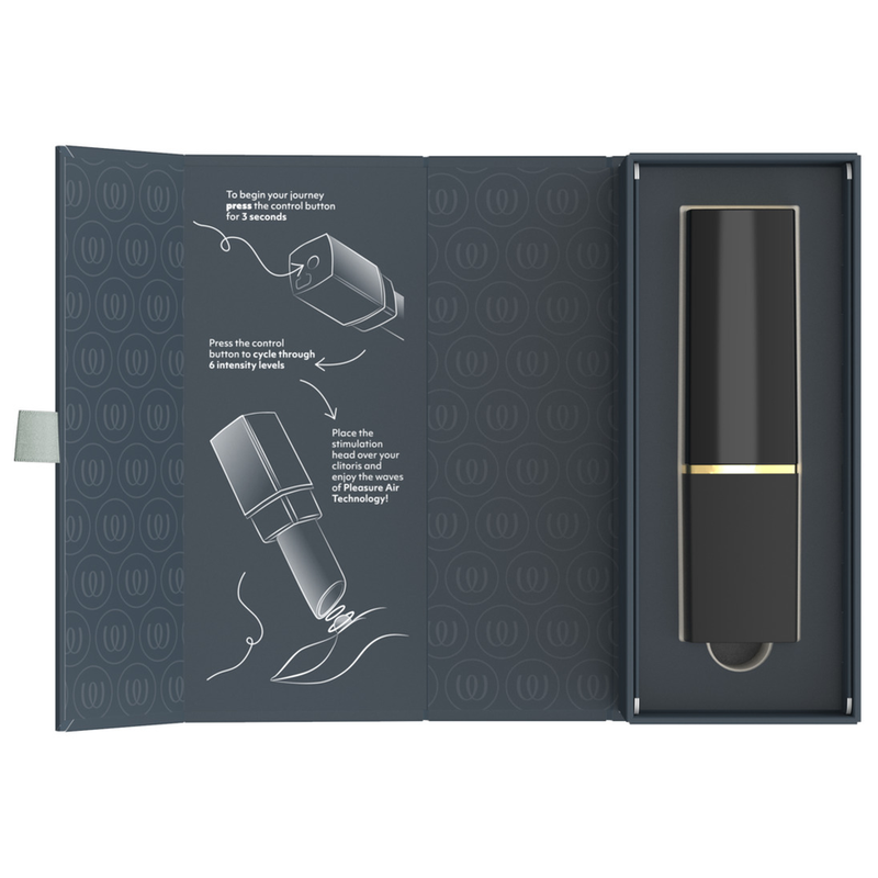 Coffret ouvert du Womanizer Beauty noir et or, avec les illustrations du mode d’emploi.