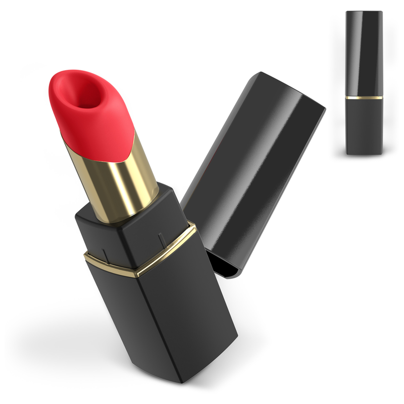 Womanizer Beauty noir et or avec embout rouge, présenté ouvert et fermé avec son capuchon.