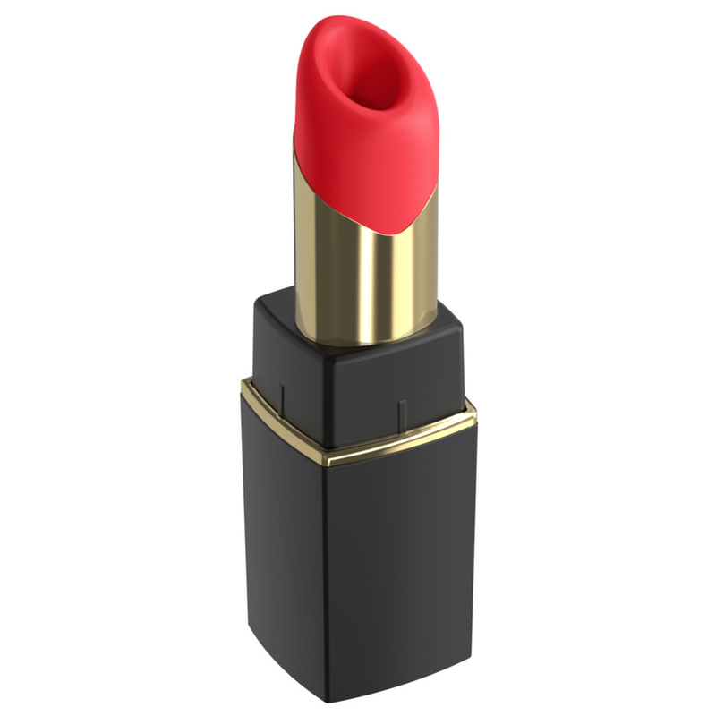 Stimulateur clitoridien Womanizer Beauty noir et or, embout rouge vu de trois quarts.
