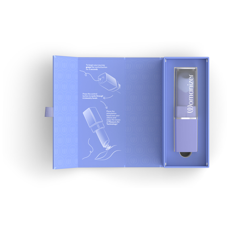 Womanizer Beauty lilas rangé dans son coffret ouvert, instructions illustrées à gauche.