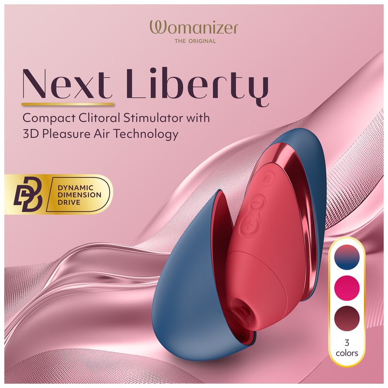 Présentation du Womanizer Next Liberty Rouge et Bleu, de la technologie Pleasure Air et des trois coloris.