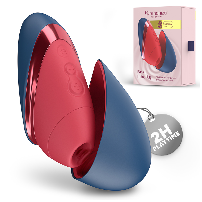 Womanizer Next Liberty Rouge et Bleu avec son capuchon bleu retiré, présenté devant son coffret.