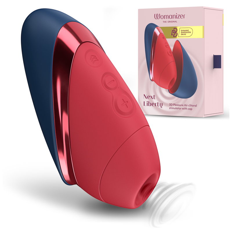 Womanizer Next Liberty Rouge et Bleu avec son capuchon bleu, à côté de sa boîte illustrée.