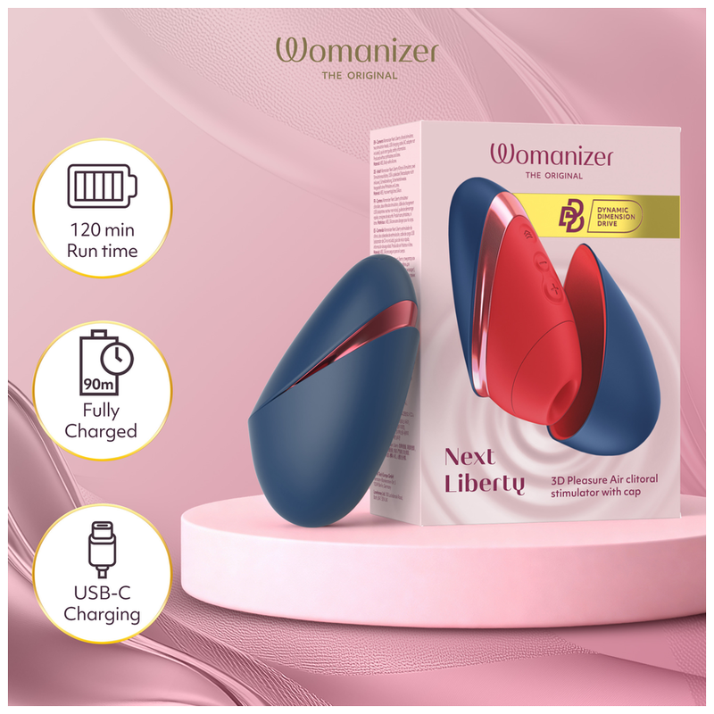 Womanizer Next Liberty Rouge et Bleu ouvert et fermé, avec son coffret et les indications de recharge USB-C.