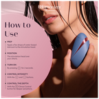 Femme tenant le Womanizer Next Liberty Rouge et Bleu, avec des illustrations expliquant les commandes.