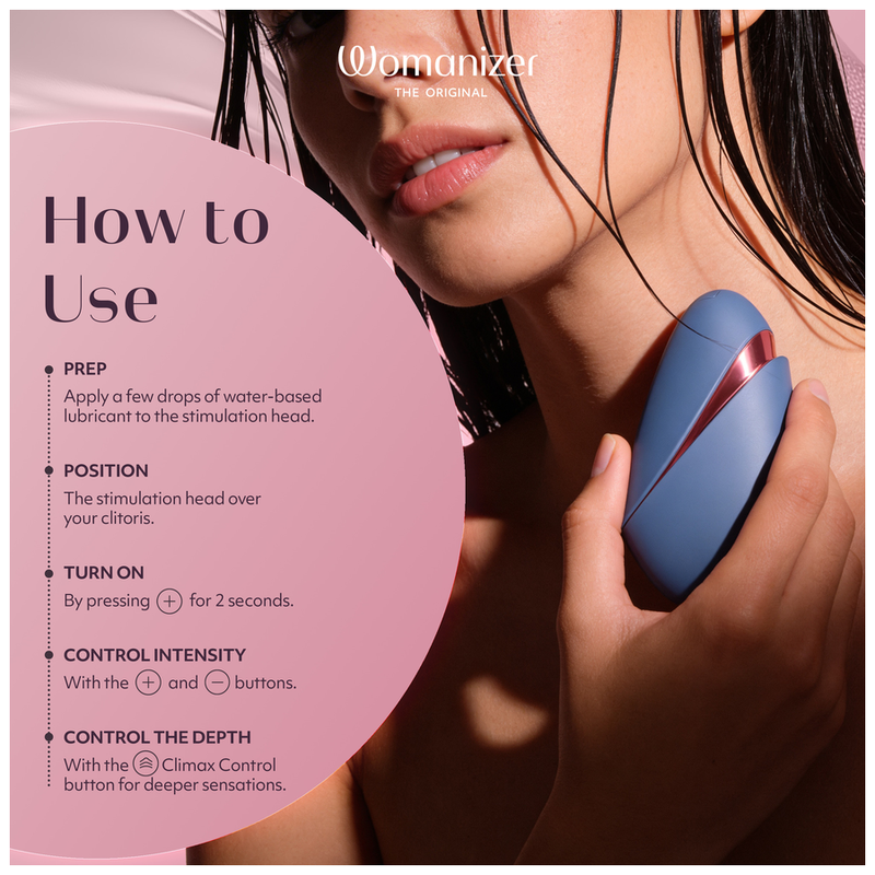 Femme tenant le Womanizer Next Liberty Rouge et Bleu, avec des illustrations expliquant les commandes.