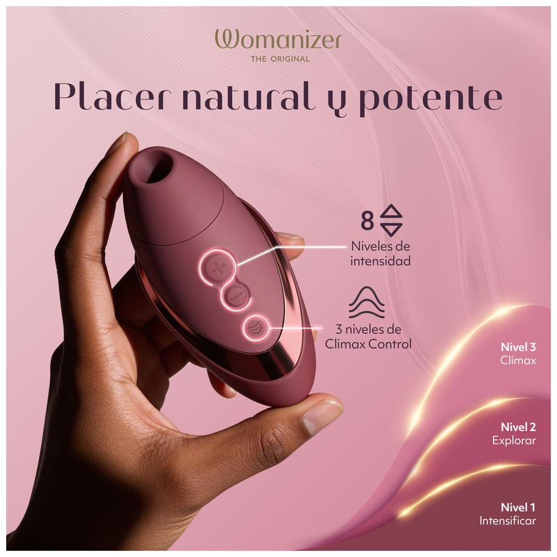 Womanizer Next Liberty Bordeaux tenu en main, avec un visuel des huit intensités et des réglages Climax Control.
