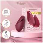 Womanizer Next Liberty Bordeaux ouvert et fermé devant son coffret, avec les indications de recharge USB-C.