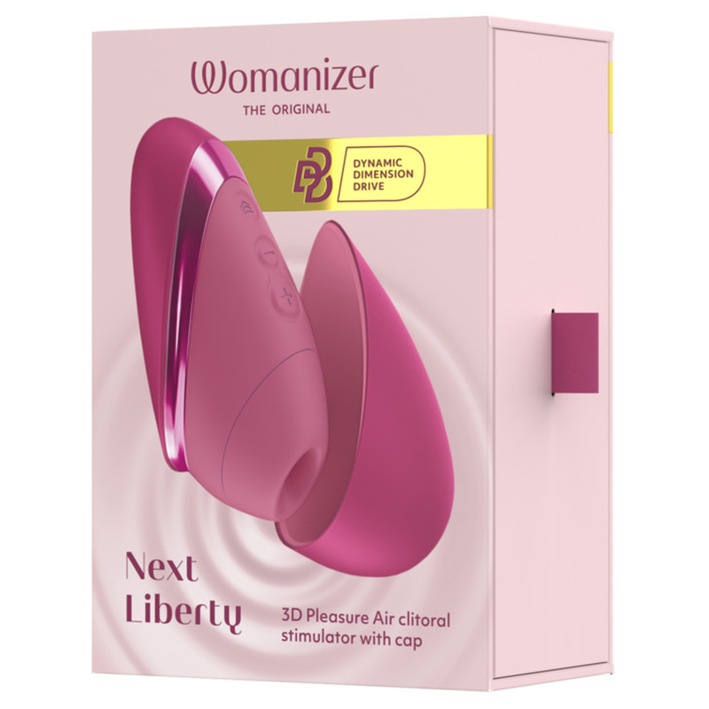 Boîte rose du Womanizer Next Liberty Rose vue de trois quarts, avec le stimulateur illustré.
