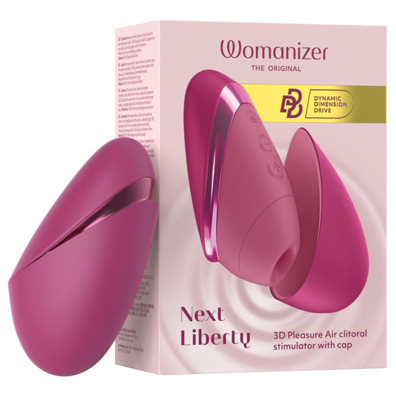 Womanizer Next Liberty Rose fermé avec sa boîte, illustrant le stimulateur ouvert et son capuchon.