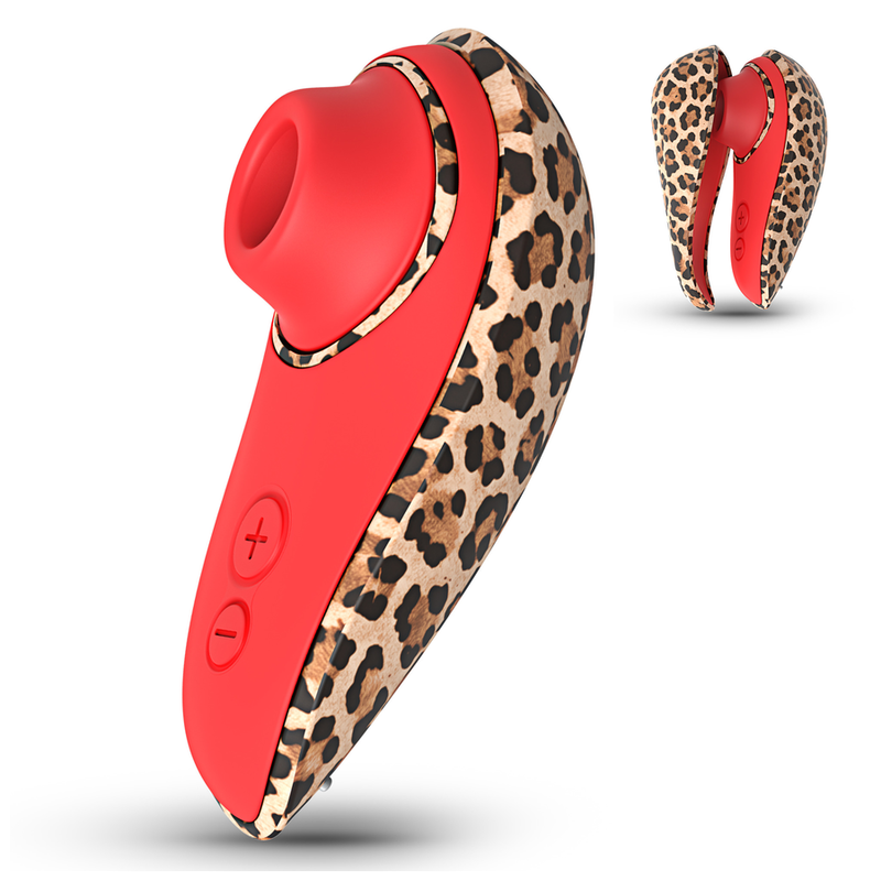 Womanizer Liberty 2 Léopard avec embout rouge vu de trois quarts, capuchon illustré en arrière-plan.
