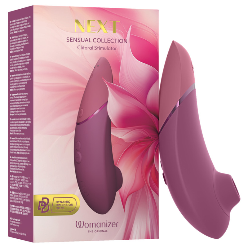 Womanizer Next Rose fondu avec sa boîte Sensual Collection décorée de motifs roses.