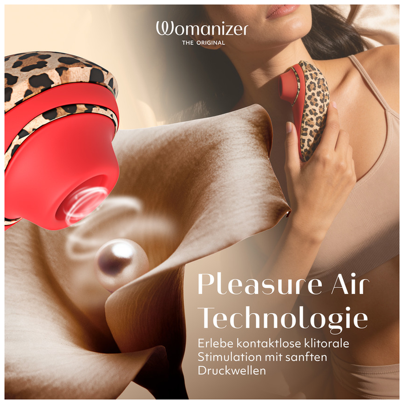 Womanizer Liberty 2 Léopard avec un visuel des ondes Pleasure Air et une femme tenant le stimulateur.