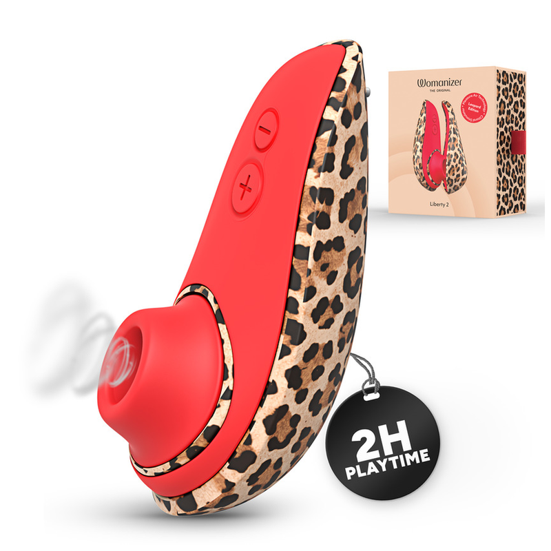 Womanizer Liberty 2 Léopard sans capuchon, avec son coffret et une indication de deux heures d’autonomie.