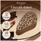 Womanizer Liberty 2 Léopard fermé dans une pochette avec des lunettes et des accessoires de maquillage.