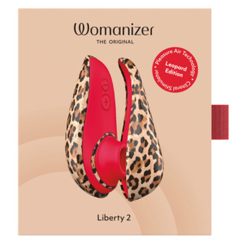 Face avant de la boîte Womanizer Liberty 2 Léopard, illustrant le stimulateur rouge et son capuchon.