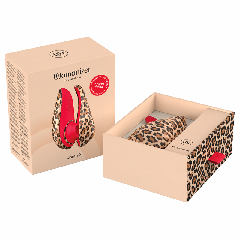 Boîte et coffret ouvert du Womanizer Liberty 2 Léopard, stimulateur à imprimé léopard rangé à l’intérieur.