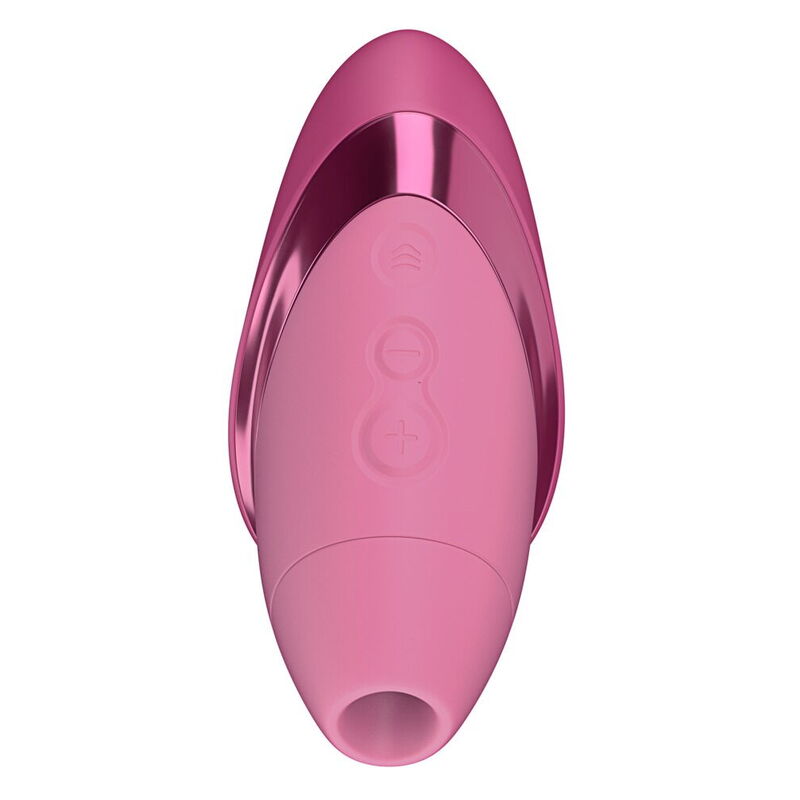 Womanizer Next Liberty Rose vu de face sans capuchon, avec l’embout et les boutons de commande.