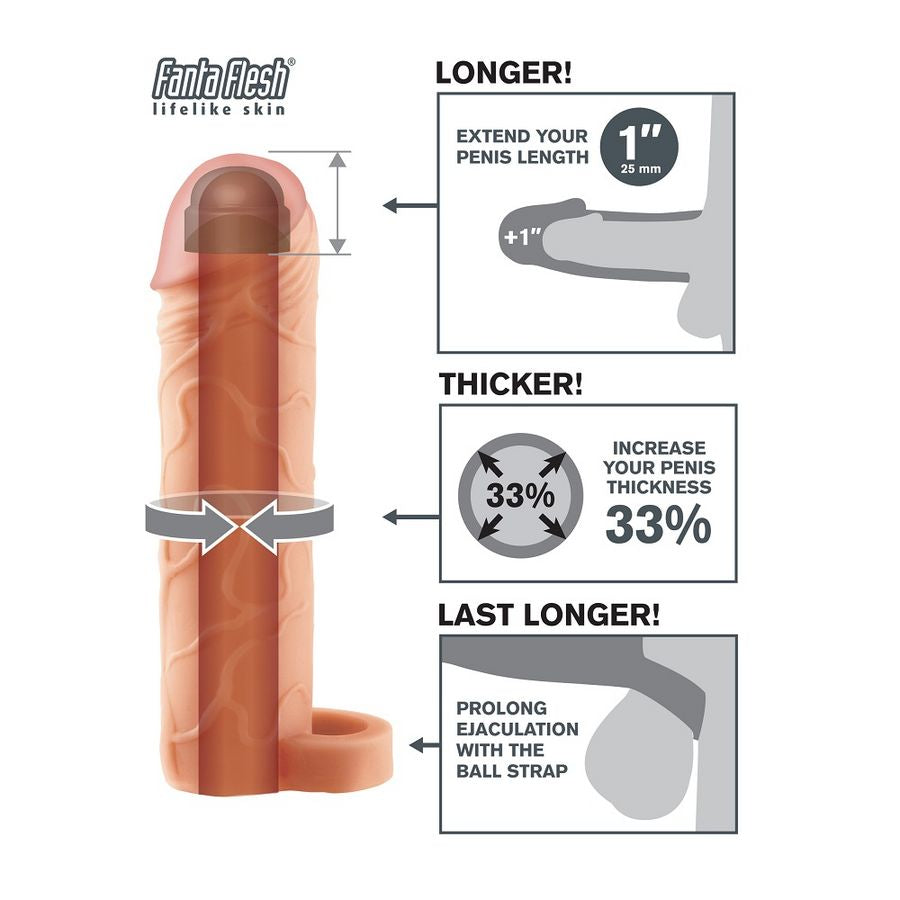 Schema de la gaine Perfect 1 Fanta Flesh illustrant un gain d'un pouce, plus 33 pour cent d'epaisseur et une sangle testiculaire pour prolonger le plaisir.