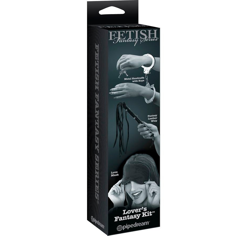 Boite Lover's Fantasy Kit de la serie Fetish Fantasy, panoplie d'initiation reunissant menottes metal, fouet et masque pour la domination douce a deux.