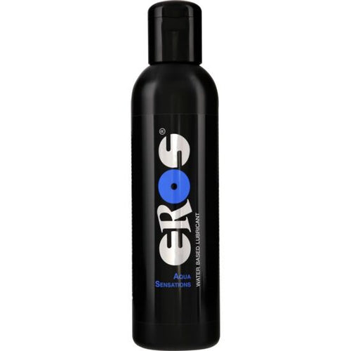 Bouteille noire Eros Aqua Sensations base eau, format moyen, lubrifiant hydratant a effet legerement rafraichissant sans trace ni collant