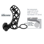 Cage penienne en silicone noir ajoure de 12 cm avec bullet et anneau, structure en mailles non realiste a enfiler pour gainer le sexe et prolonger le plaisir.