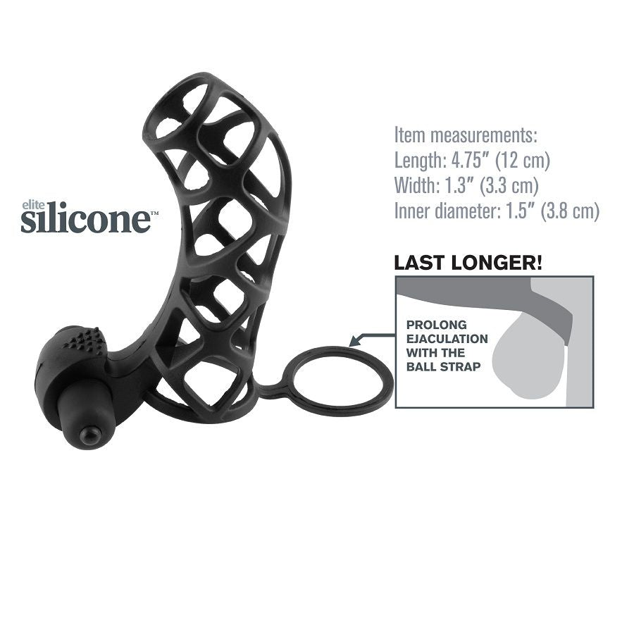 Cage penienne en silicone noir ajoure de 12 cm avec bullet et anneau, structure en mailles non realiste a enfiler pour gainer le sexe et prolonger le plaisir.