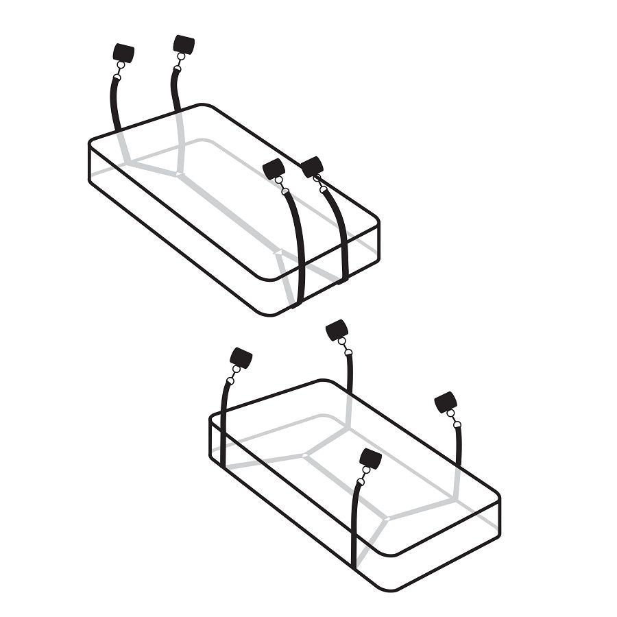 Schema d'installation du systeme de retenue de lit montrant les sangles nylon glissees sous le matelas, dispositif qui s'adapte a un lit sans montants.