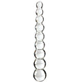 Baguette en verre transparent a perles graduees presentee verticalement, surface bulbeuse et lisse non poreuse qui se prete aux jeux de temperature.