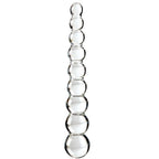 Baguette en verre transparent a perles graduees presentee verticalement, surface bulbeuse et lisse non poreuse qui se prete aux jeux de temperature.