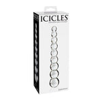 Boite Icicles montrant le masseur en verre souffle a perles graduees, baguette transparente faite main au diametre croissant pour un jeu progressif.