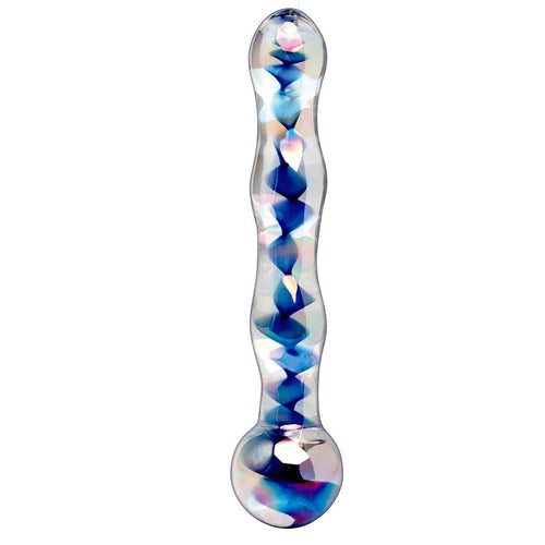 Masseur en verre souffle a la main a la surface torsadee irisee et au diametre croissant, tige a perles pour une stimulation interne progressive et precise.