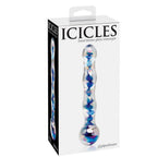 Boite Icicles presentant le masseur en verre souffle a spirale bleutee, baguette faite main a diametre croissant pour une stimulation interne progressive.