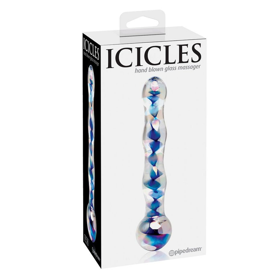 Boite Icicles presentant le masseur en verre souffle a spirale bleutee, baguette faite main a diametre croissant pour une stimulation interne progressive.