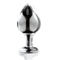 Plug en verre transparent souffle a la main de profil, tete bulbeuse courte et large sur base anneau, surface lisse non poreuse pour une sensation de remplissage.