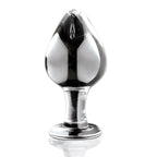 Plug en verre transparent souffle a la main de profil, tete bulbeuse courte et large sur base anneau, surface lisse non poreuse pour une sensation de remplissage.