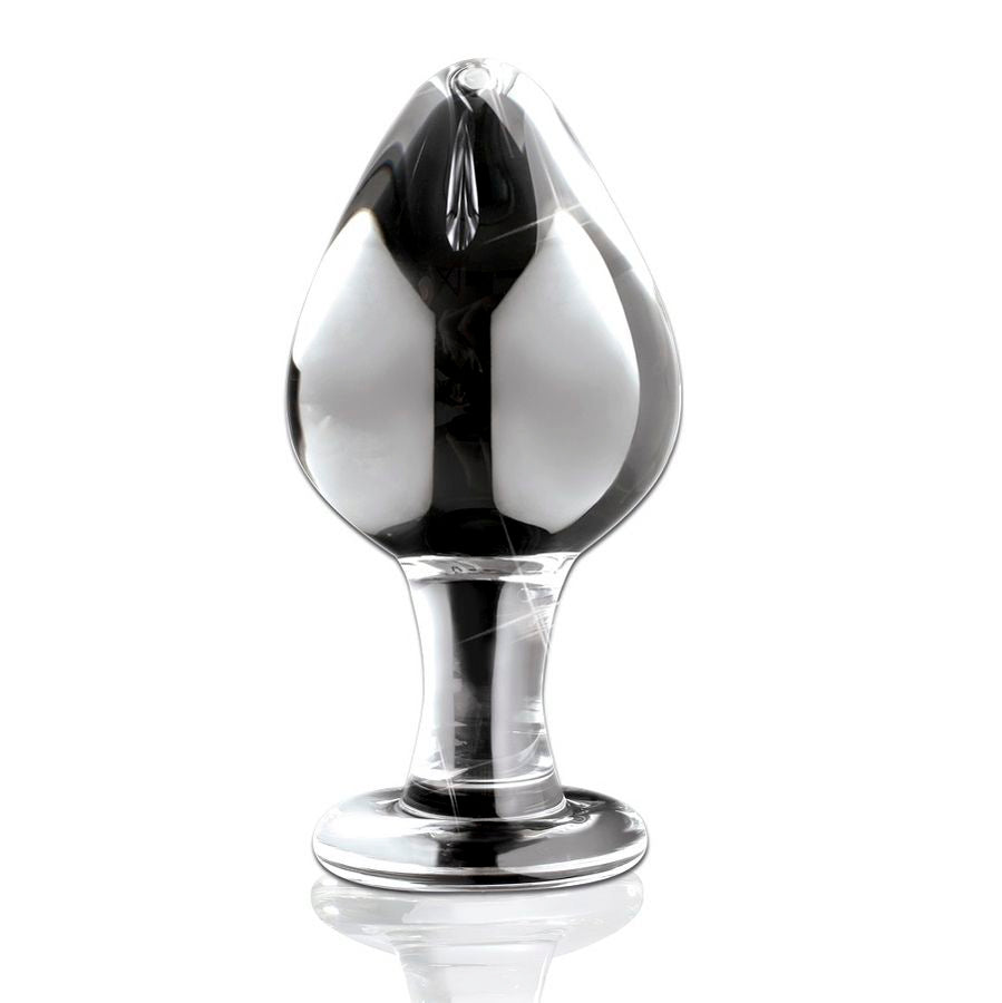 Plug en verre transparent souffle a la main de profil, tete bulbeuse courte et large sur base anneau, surface lisse non poreuse pour une sensation de remplissage.