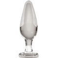 Plug en verre transparent compact de profil, tete conique et base evasee, format souffle a la main au diametre progressif pour decouvrir le jeu anal en douceur.