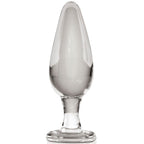 Plug en verre transparent compact de profil, tete conique et base evasee, format souffle a la main au diametre progressif pour decouvrir le jeu anal en douceur.