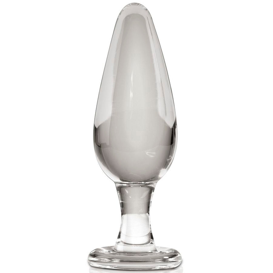 Plug en verre transparent compact de profil, tete conique et base evasee, format souffle a la main au diametre progressif pour decouvrir le jeu anal en douceur.