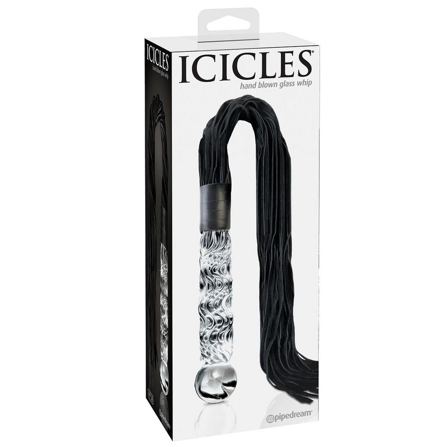 Boite Icicles du fouet a poignee en verre souffle et lanieres noires, accessoire faisant du manche en verre lisse un objet de discipline raffine.