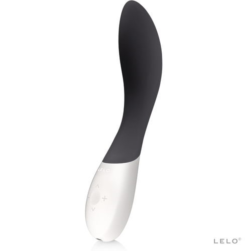 Vibromasseur point G Mona Wave de Lelo en silicone gris anthracite à base blanche, tige incurvée au mouvement come here, stimulateur ergonomique rechargeable.
