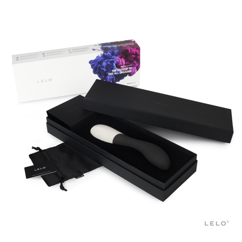 Vibromasseur Mona Wave de Lelo gris présenté à l'horizontale dans son écrin noir allongé, avec pochette satinée, stimulateur point G de luxe signé Lelo.
