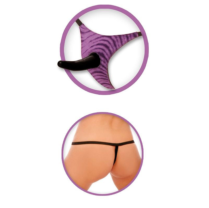 Médaillon du dessous zébré violet avec gode, et médaillon des fesses d'un homme portant la sangle