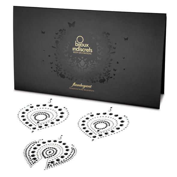 Coffret noir Flamboyant Bijoux Indiscrets avec trois pieces de bijou de corps en strass noirs et transparents, parure decorative adhesive scintillante pour le corps