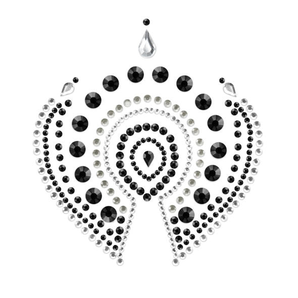 Bijou de corps Flamboyant Bijoux Indiscrets en strass noirs disposes en forme de coeur ouvert, decoration corporelle adhesive lumineuse pour decollete ou pubis
