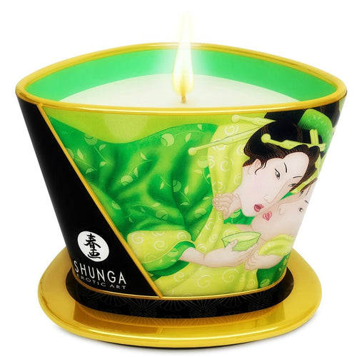 Bougie de massage Shunga parfum the vert en boitier dore, couvercle illustre d'une estampe erotique japonaise, cire verte naturelle fondant en huile chaude a masser